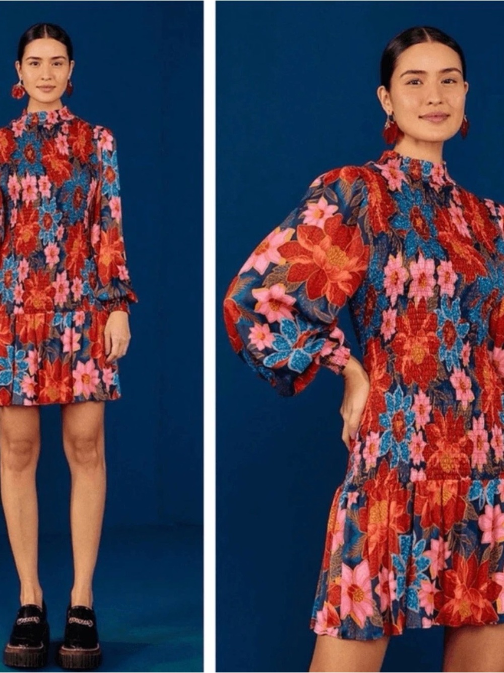 Farm Rio Anthropologie Floral Long Sleeve Dress Puff Sleeve Garden Navy